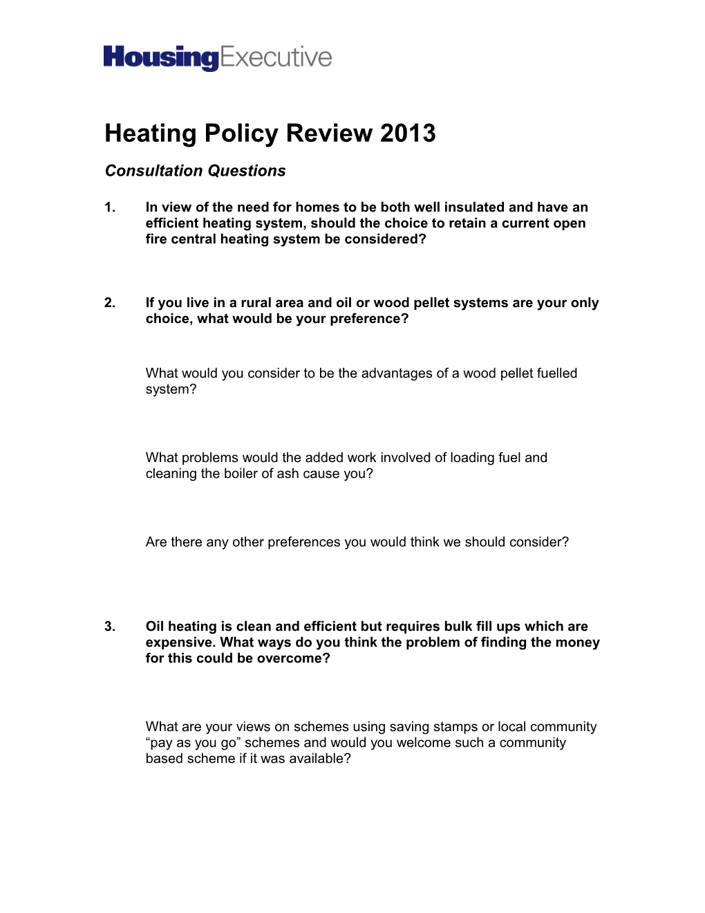 Heating Policy Review Consultation Questions 2013