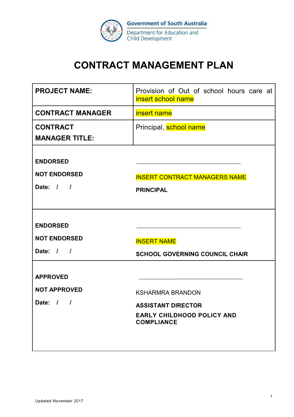 Contract Management Plan for out of School Hours Care