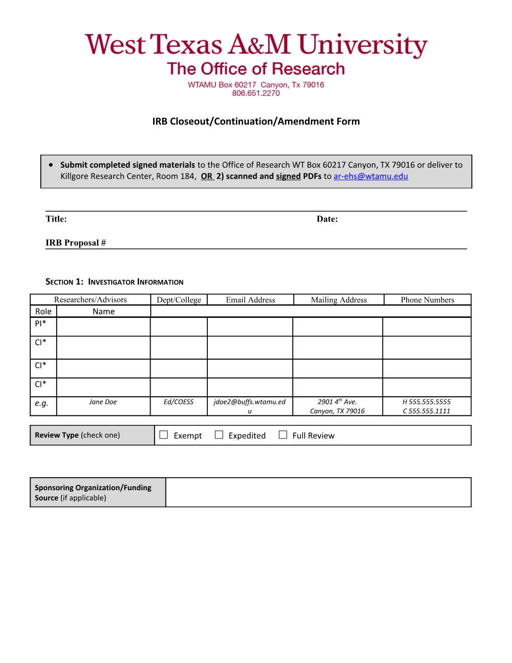 IRB Closeout/Continuation/Amendment Form