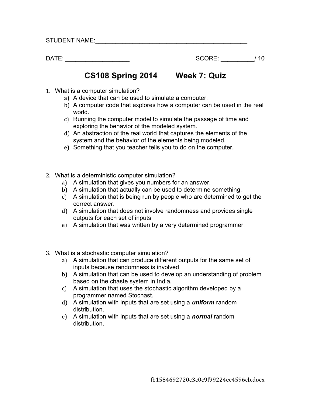 CS108 Spring 2014 Week 7: Quiz