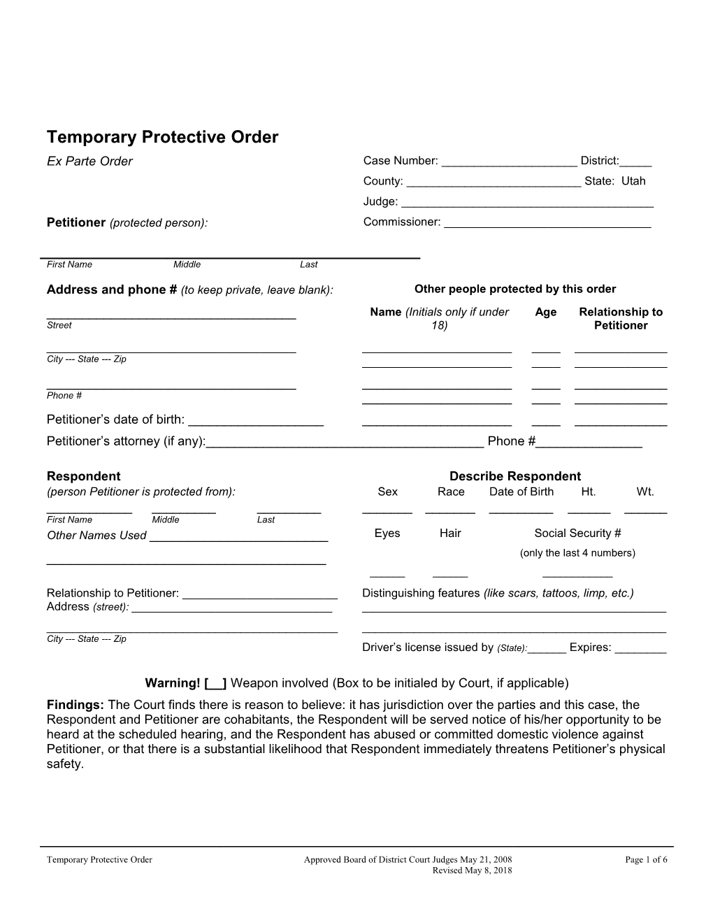 Temporary Protective Order - Ex Parte Order