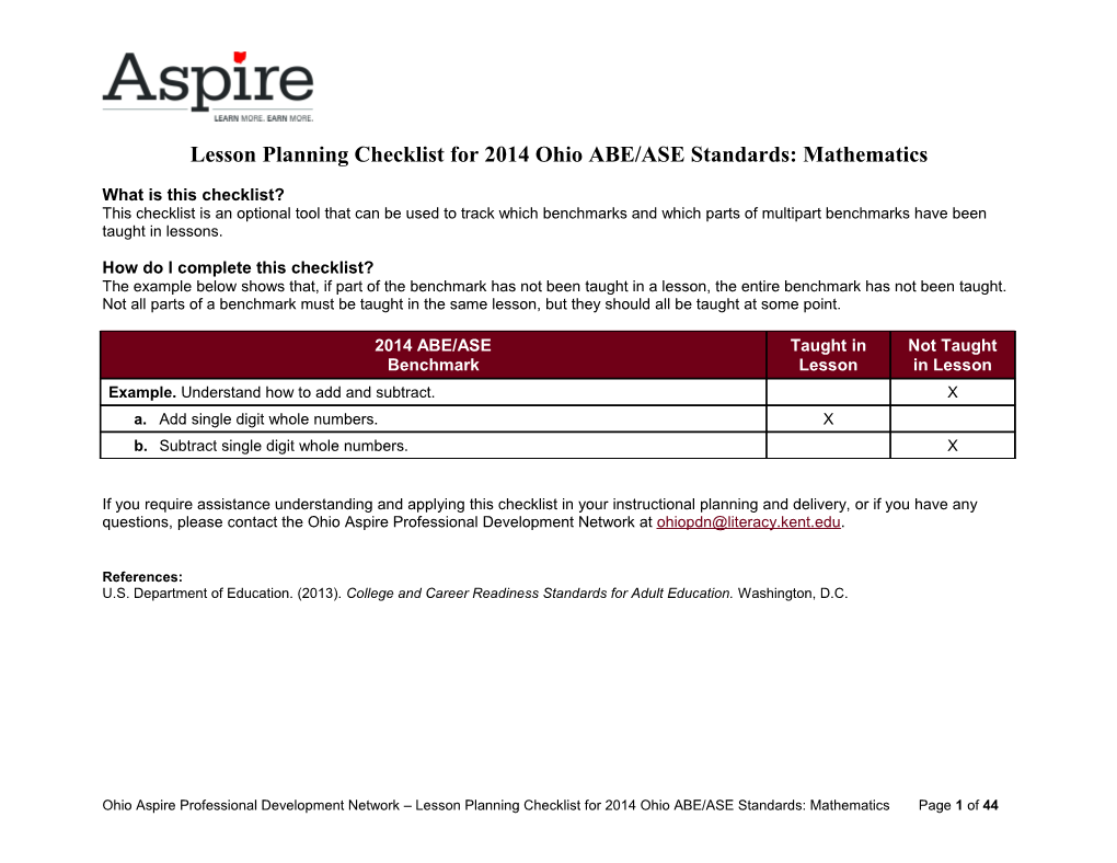 Lesson Planning Checklist for 2014 Ohio ABE/ASE Standards: Mathematics