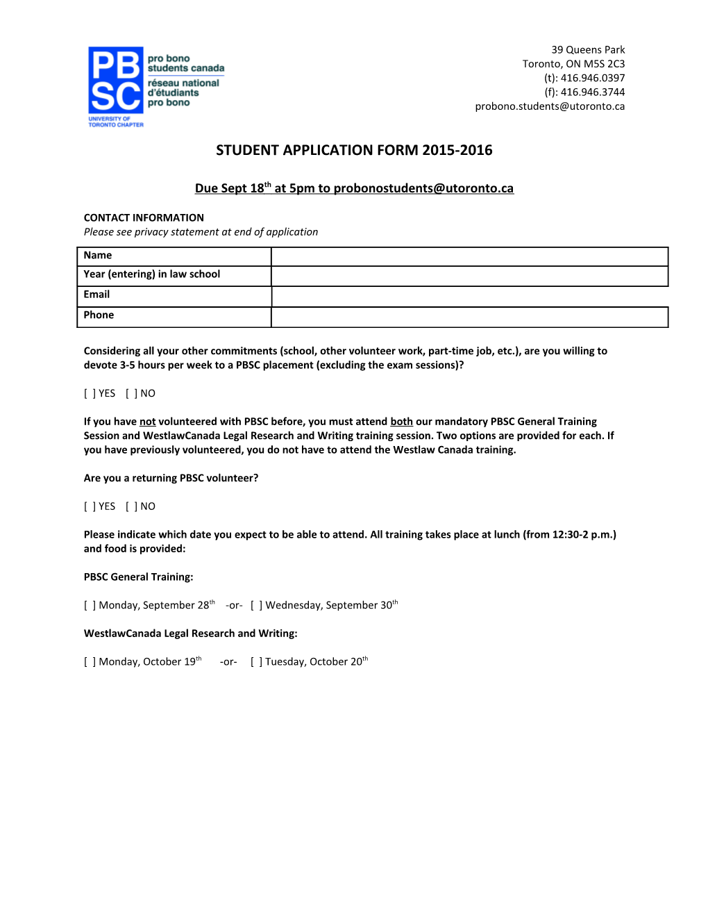 Student Application Form 2015-2016