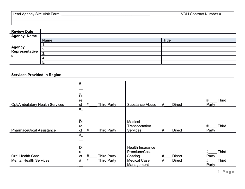 Lead Agency Site Visit Form: ______VDH Contract Number # ______