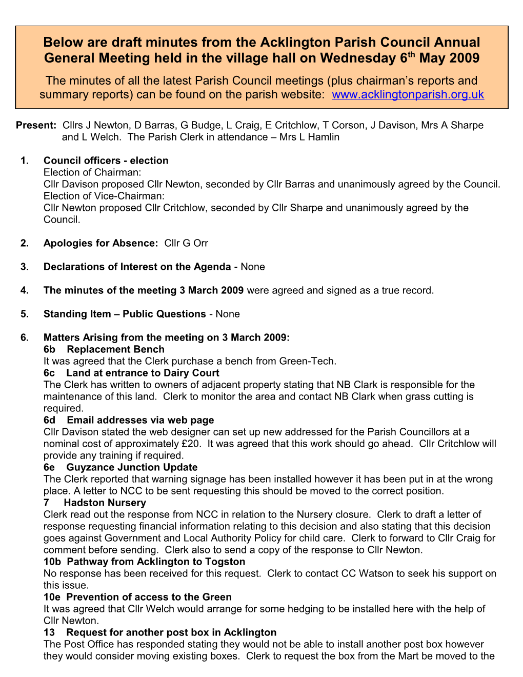 Below Are Draft Minutes from the Acklington Parish Council Meeting Held in the Village