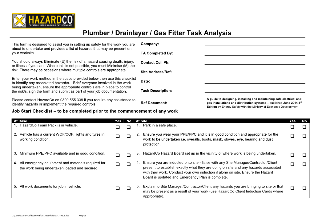 Plumber / Drainlayer / Gas Fitter Task Analysis