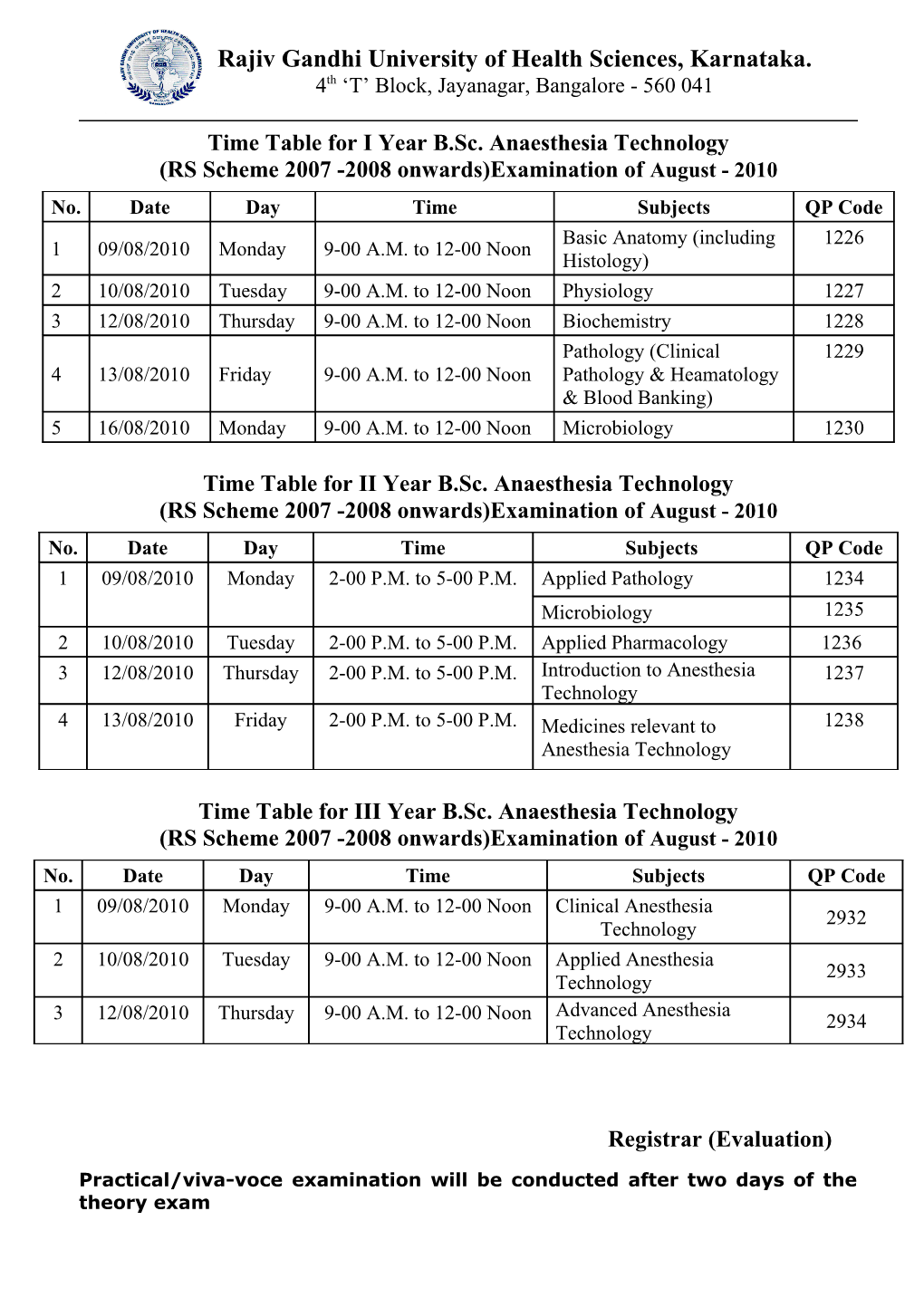Time Table for I Year B