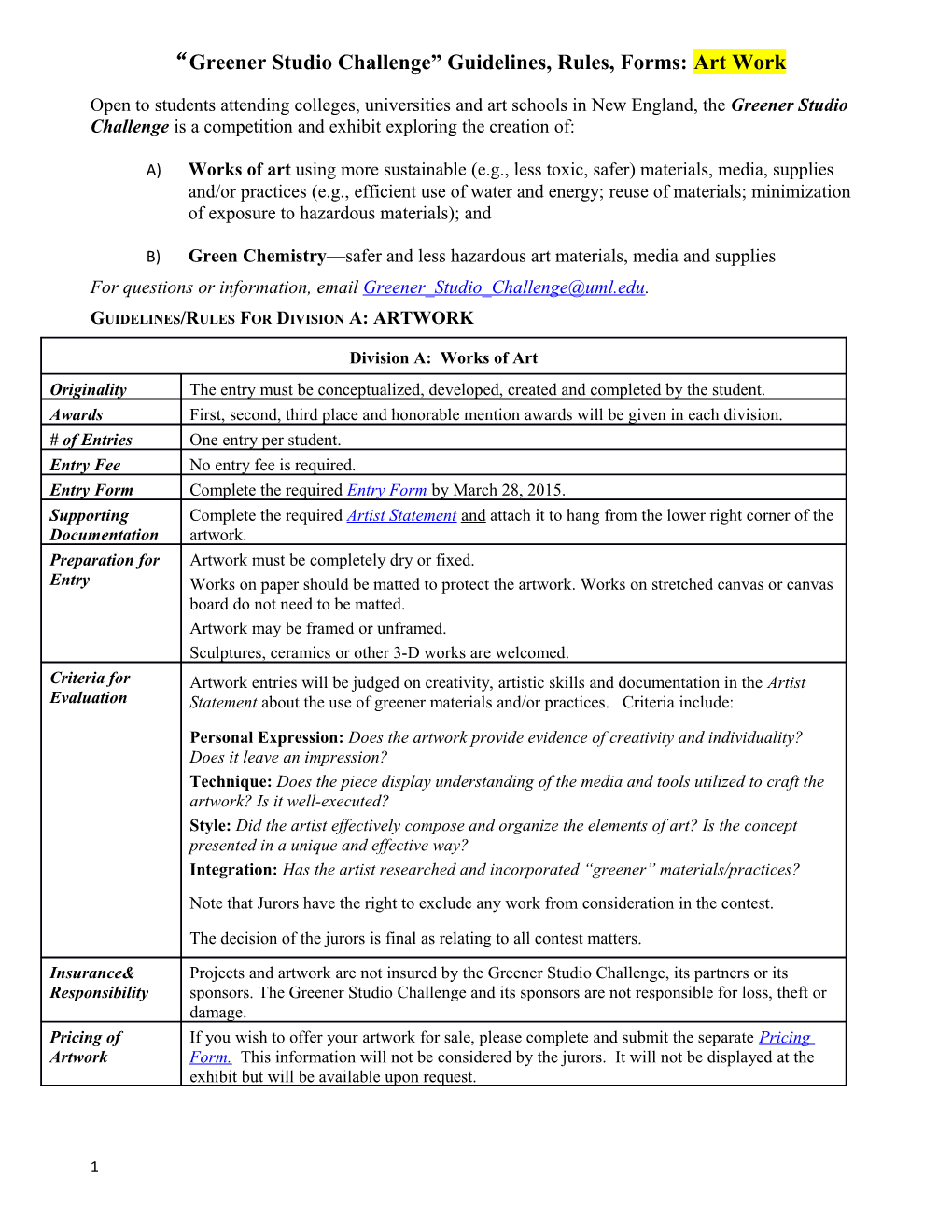 Greener Studio Challenge Guidelines, Rules, Forms: Art Work