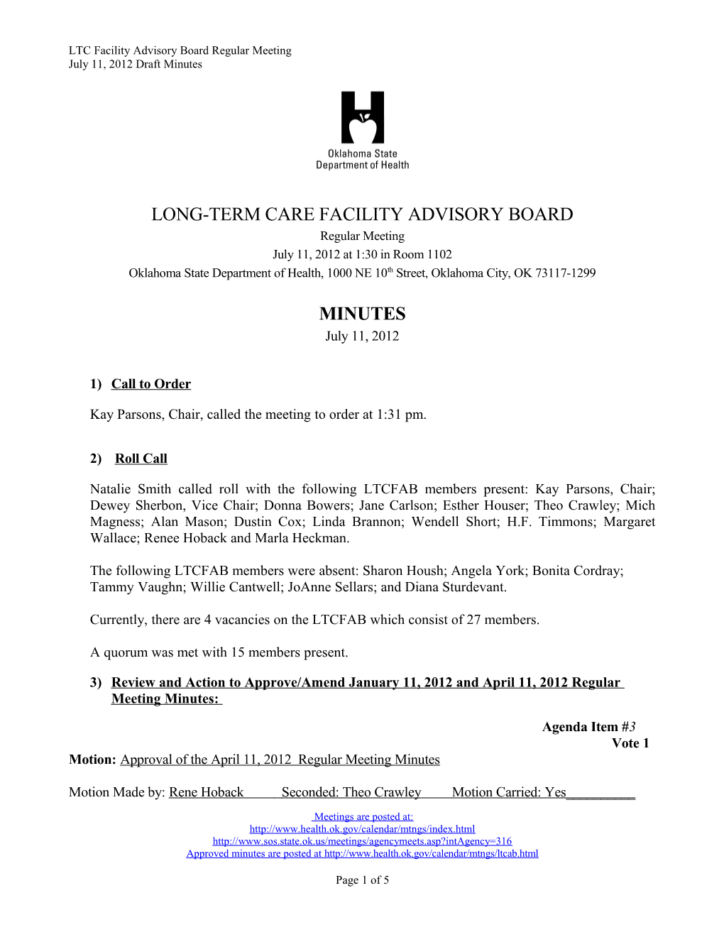 LTC Facility Advisory Board Minutes