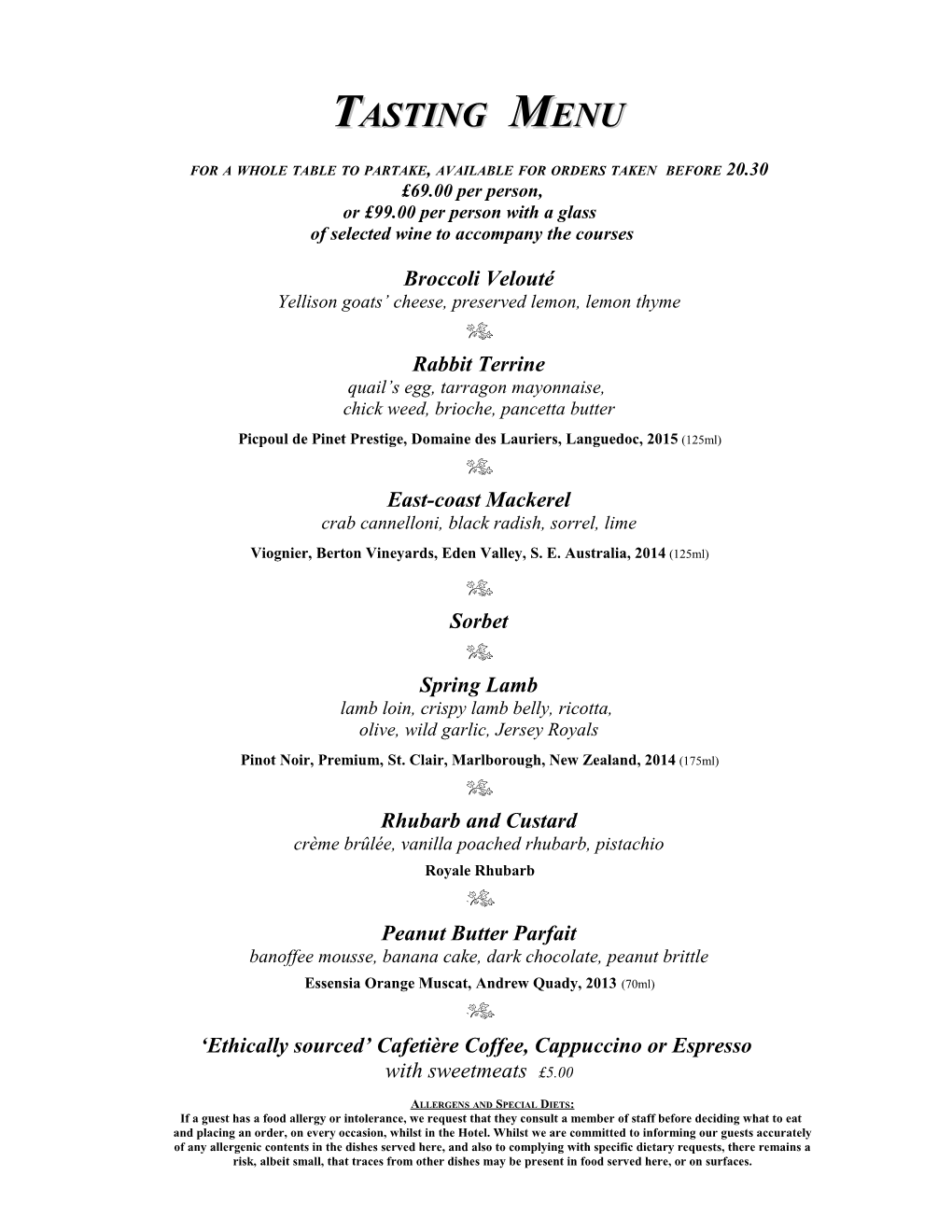 Middlethorpe Hall Dinner Menu