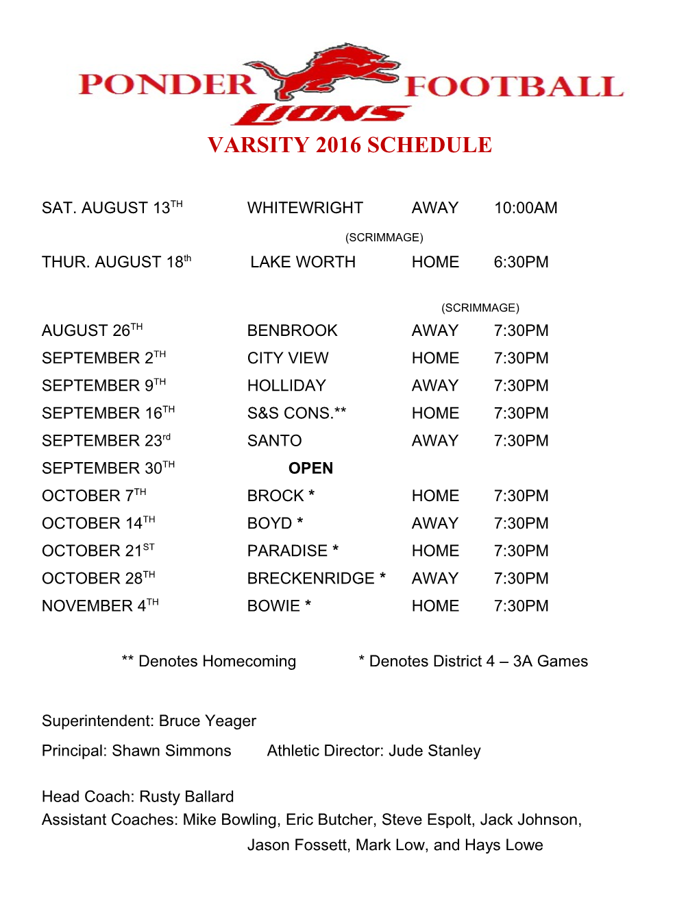 Varsity 2016 Schedule