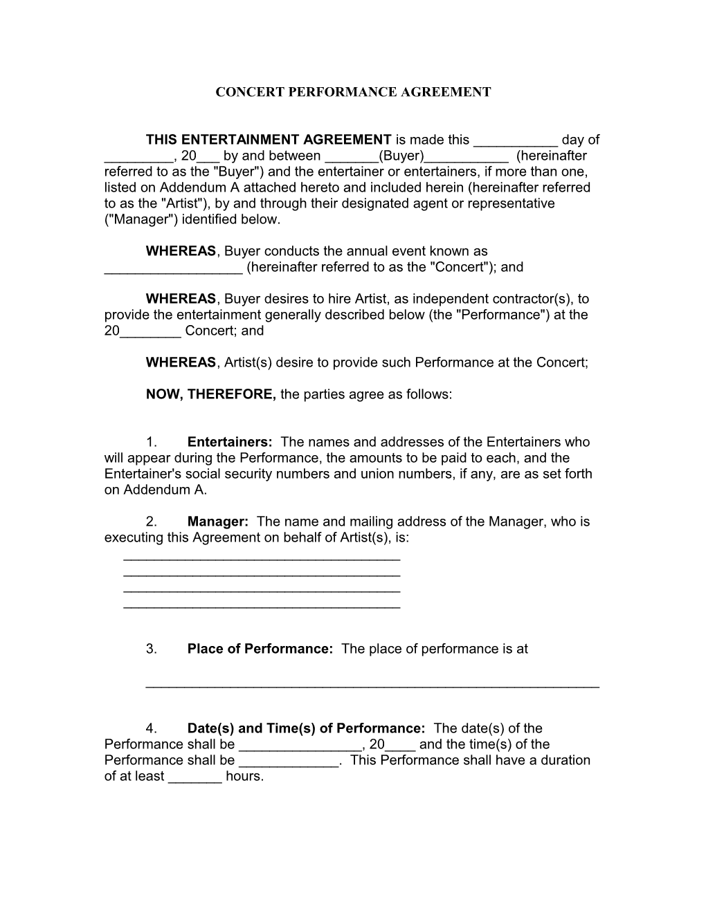 Concert Performance Agreement