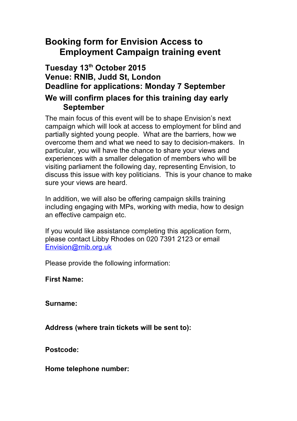 Booking Form for Envision Access to Employment Campaign Training Event