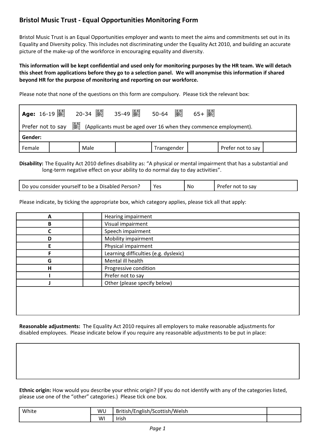 Bristol Music Trust - Equal Opportunities Monitoring Form