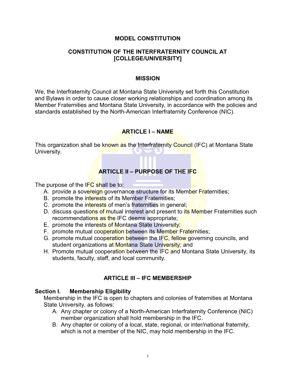 Constitution of the Interfraternity Council at College/University