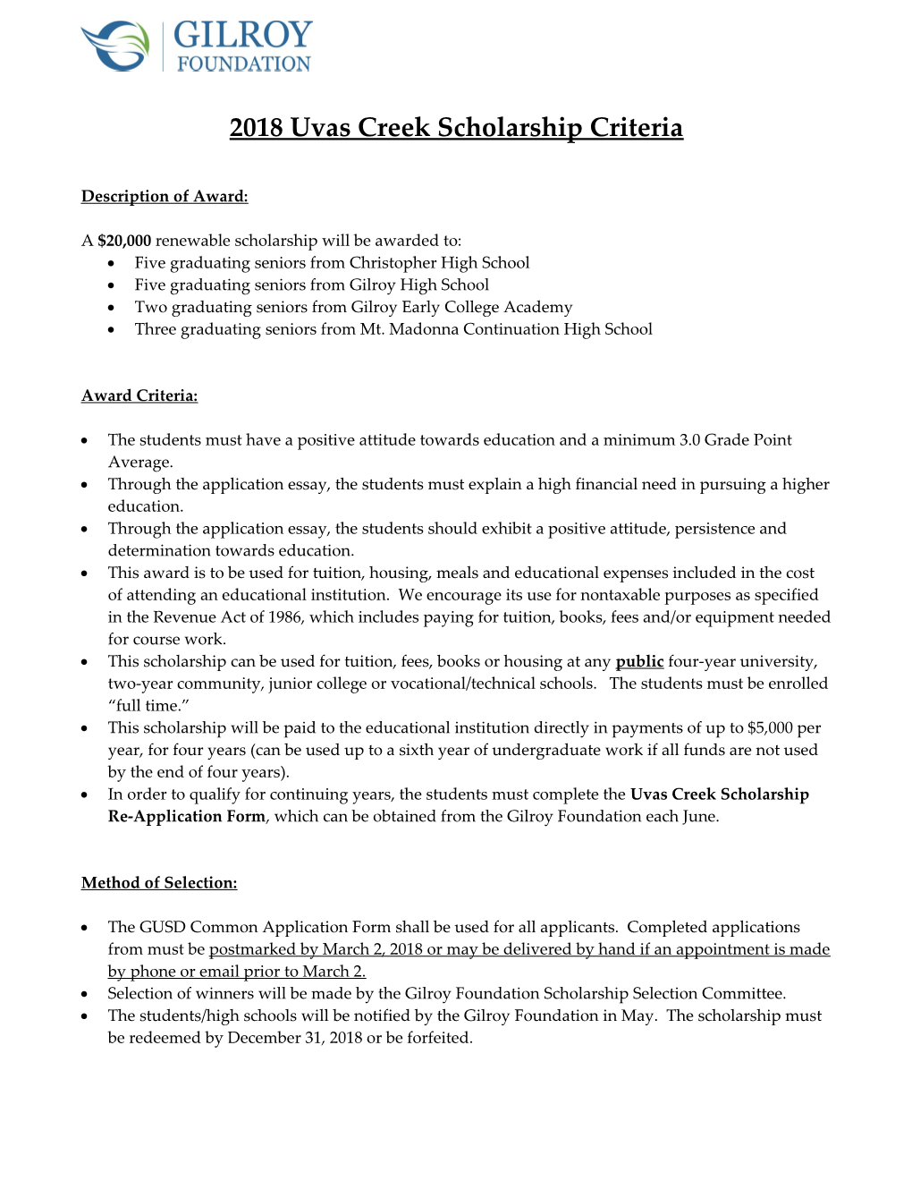 2018 Uvas Creek Scholarship Criteria
