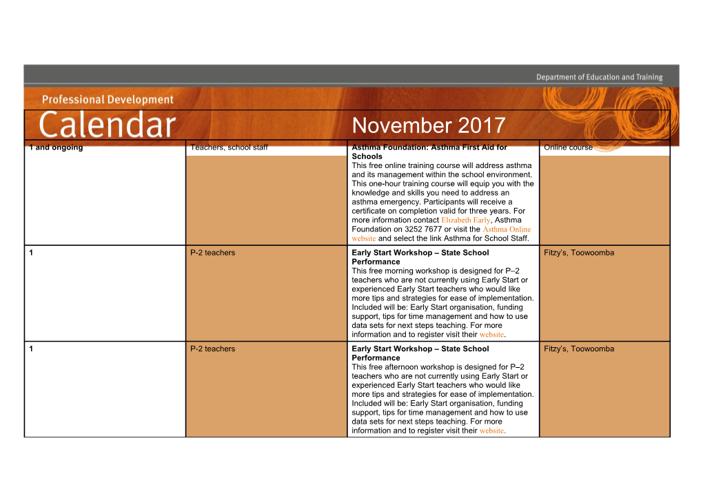 Professional Development Calendar of Events s1