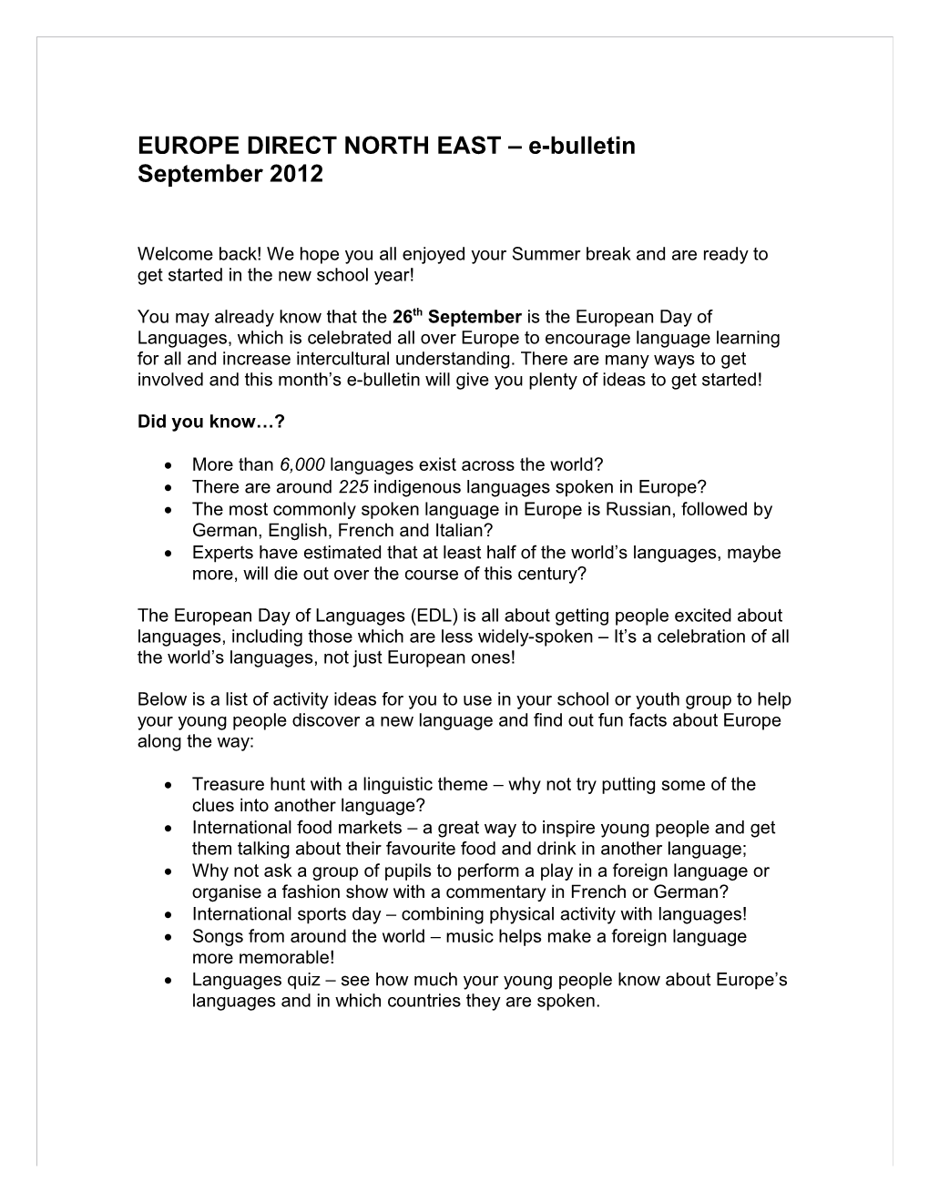 EUROPE DIRECT NORTH EAST E-Bulletin