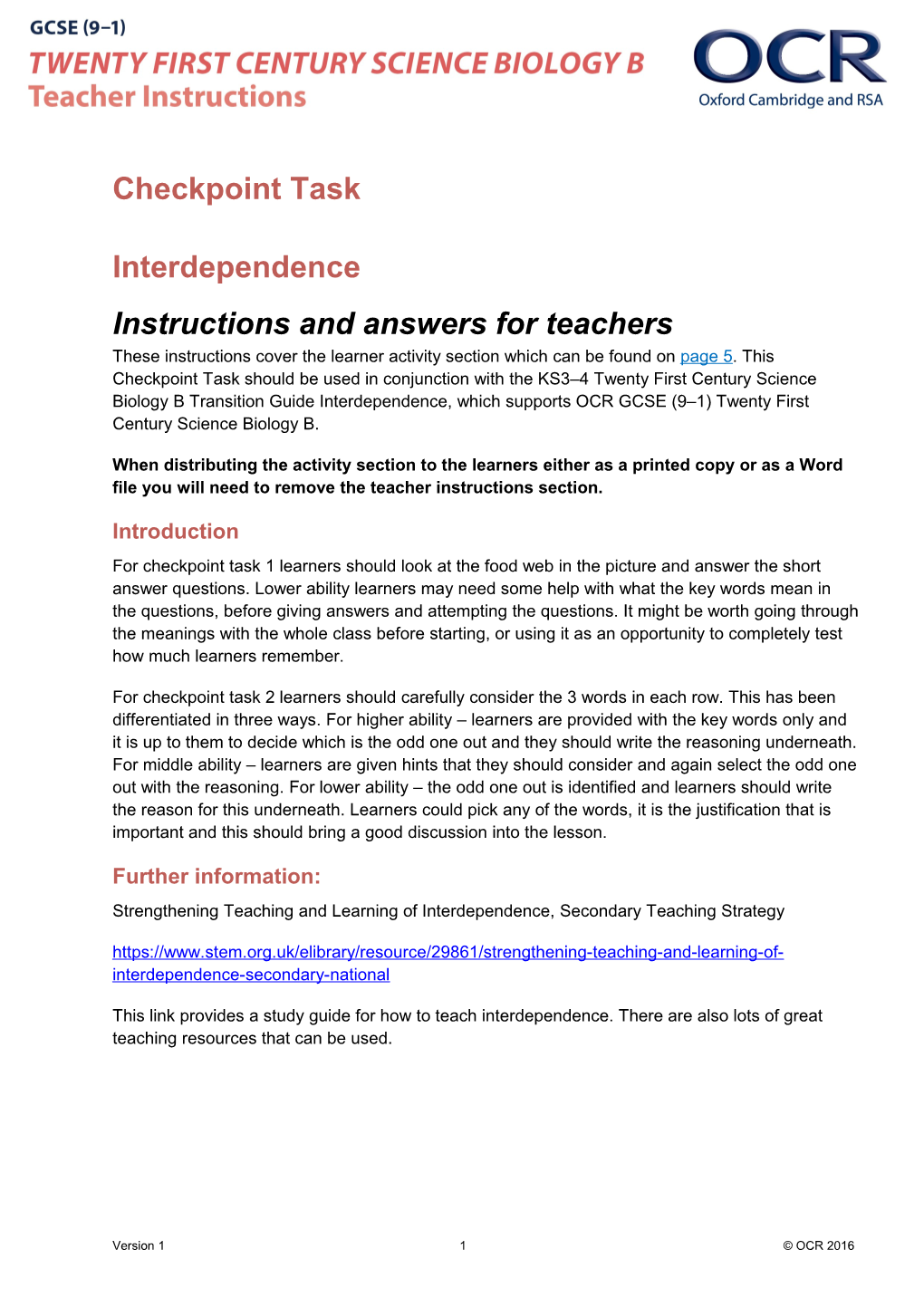 GCSE (9-1) Twenty First Century Science Biology B Checkpoint Task Interdependence