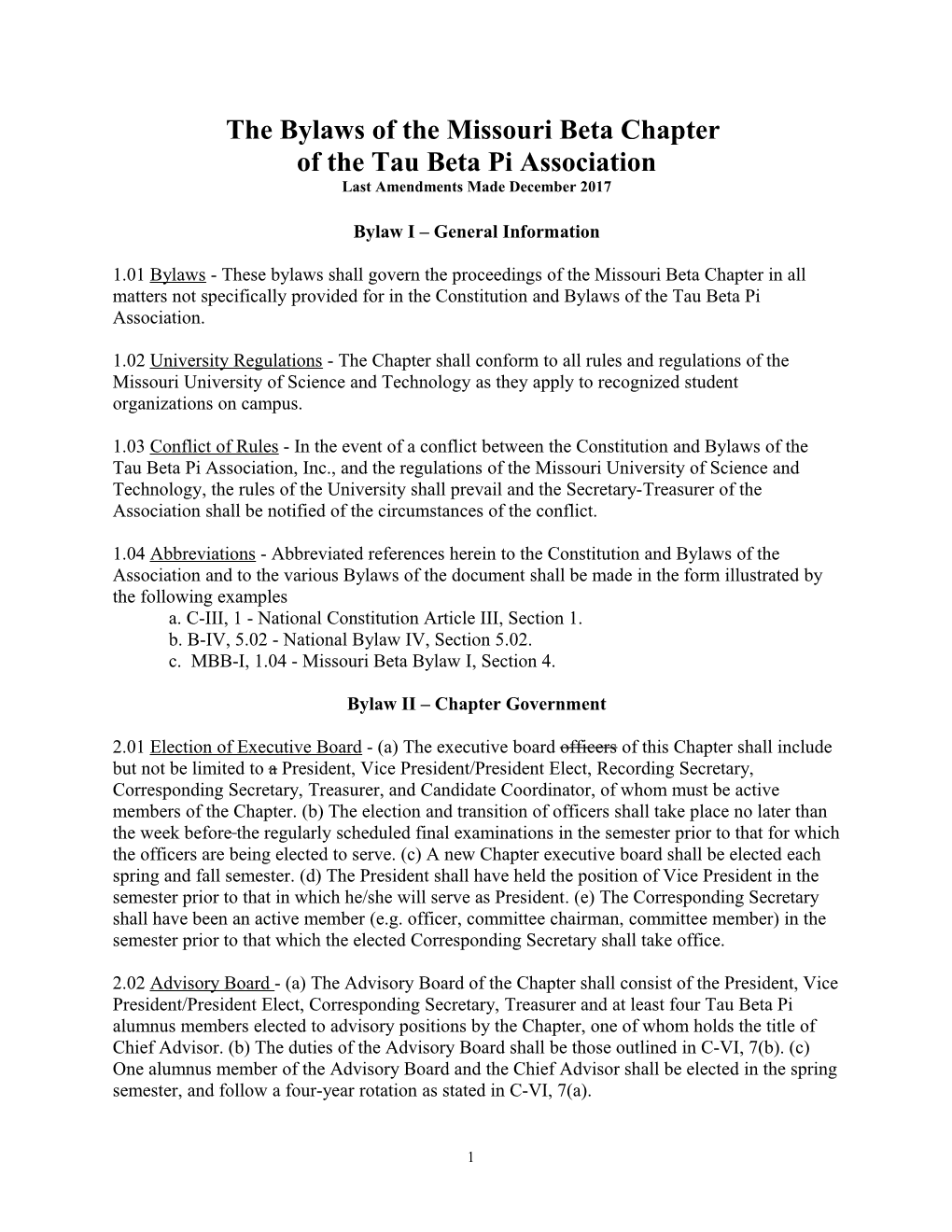 The Bylaws of the Missouri Beta Chapter of the Tau Beta Pi Association