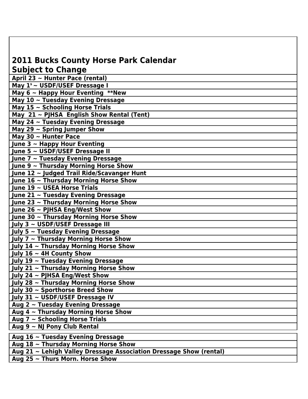 2011 Bucks County Horse Park Calendar