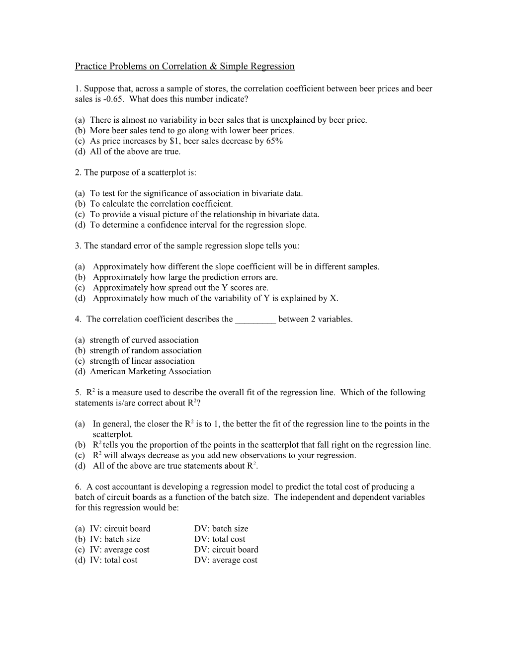 Practice Problems on Correlation & Simple Regression