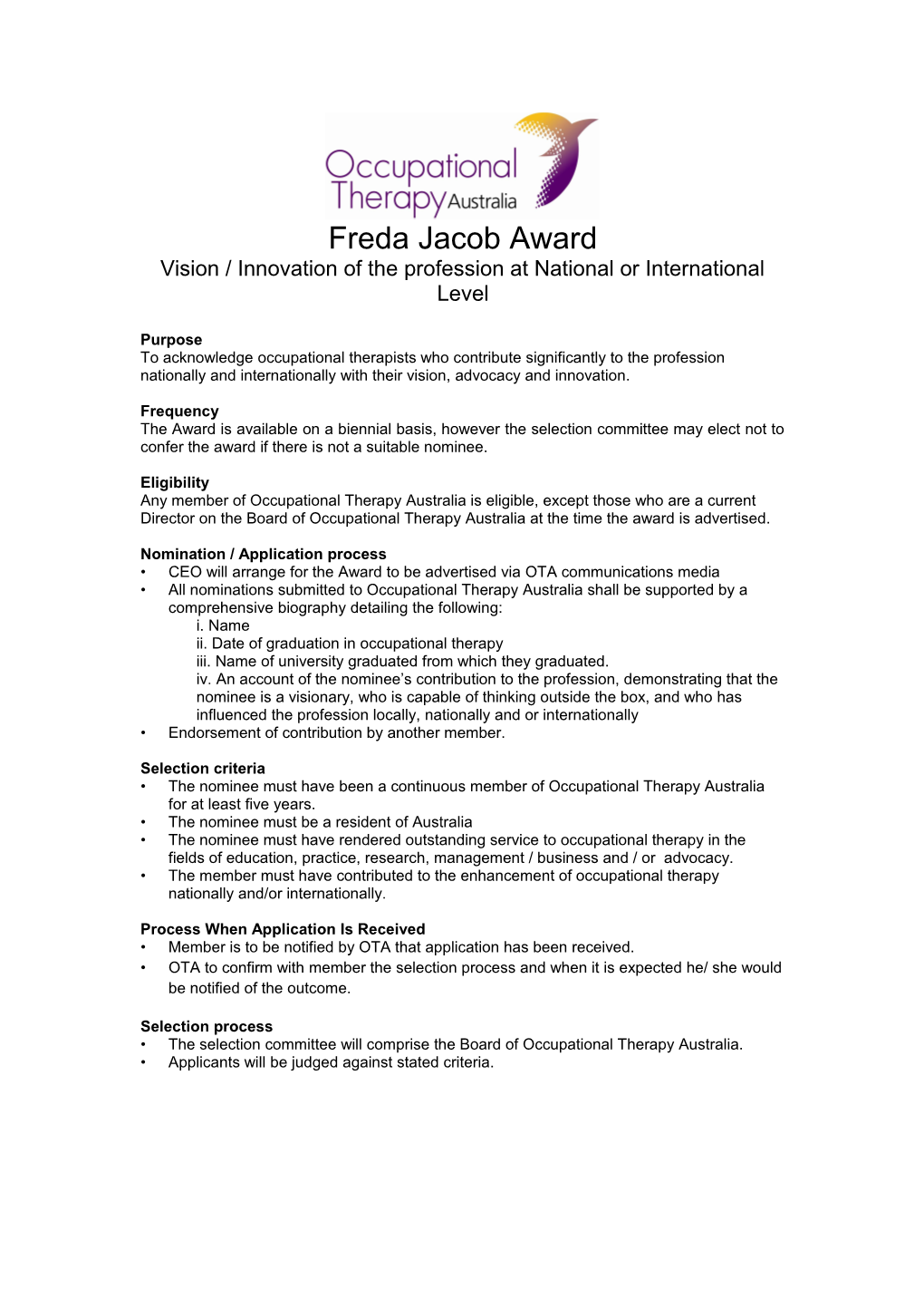 Freda Jacob Award