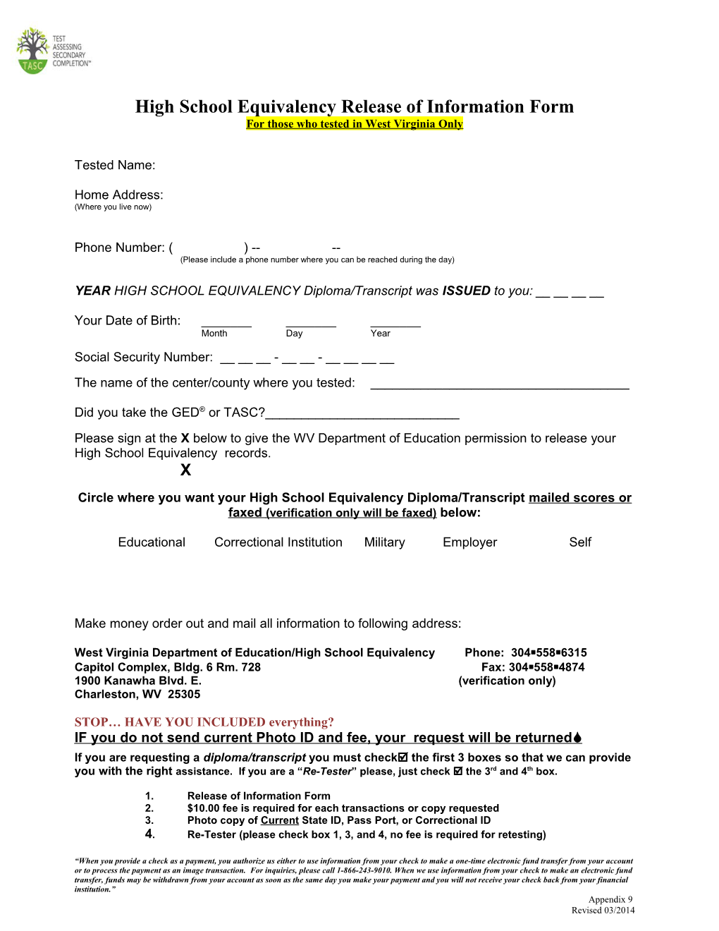 High School Equivalency Release of Information Form