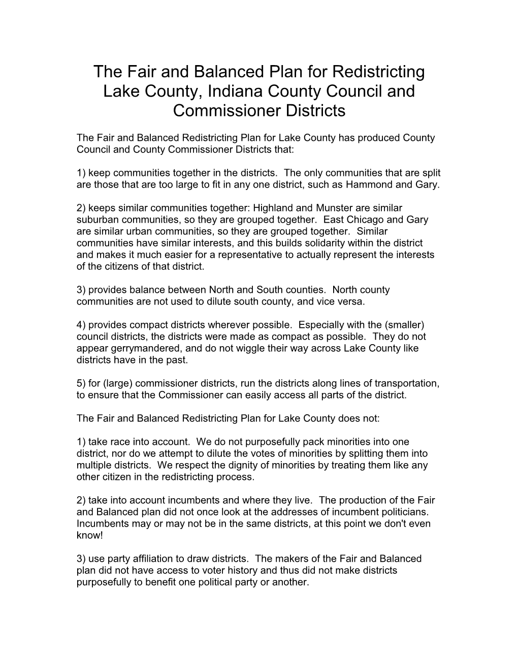 The Fair and Balanced Plan for Redistricting Lake County, Indiana County Council And