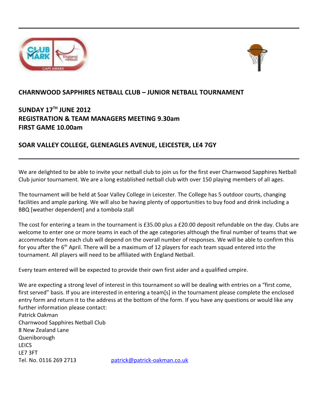 Charnwood Sapphires Netball Club Junior Netball Tournament