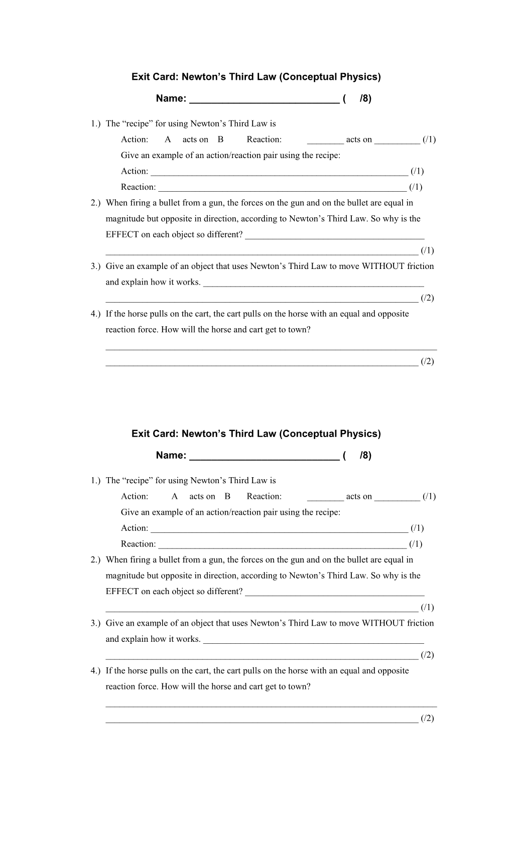 Exit Card: Newton S Third Law (Conceptual Physics)