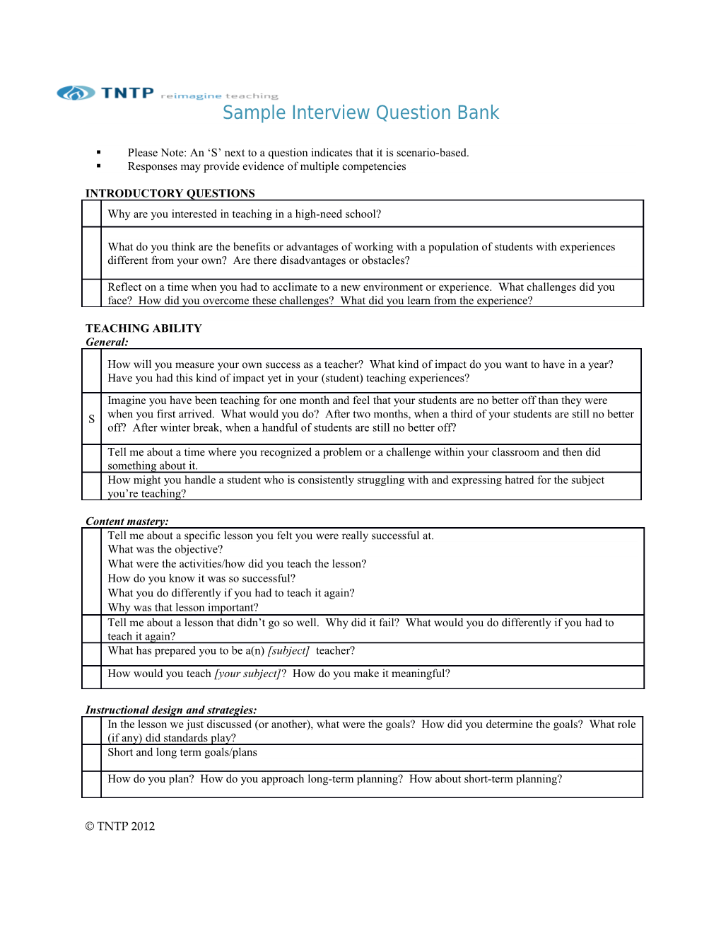 Sample Interview Question Bank