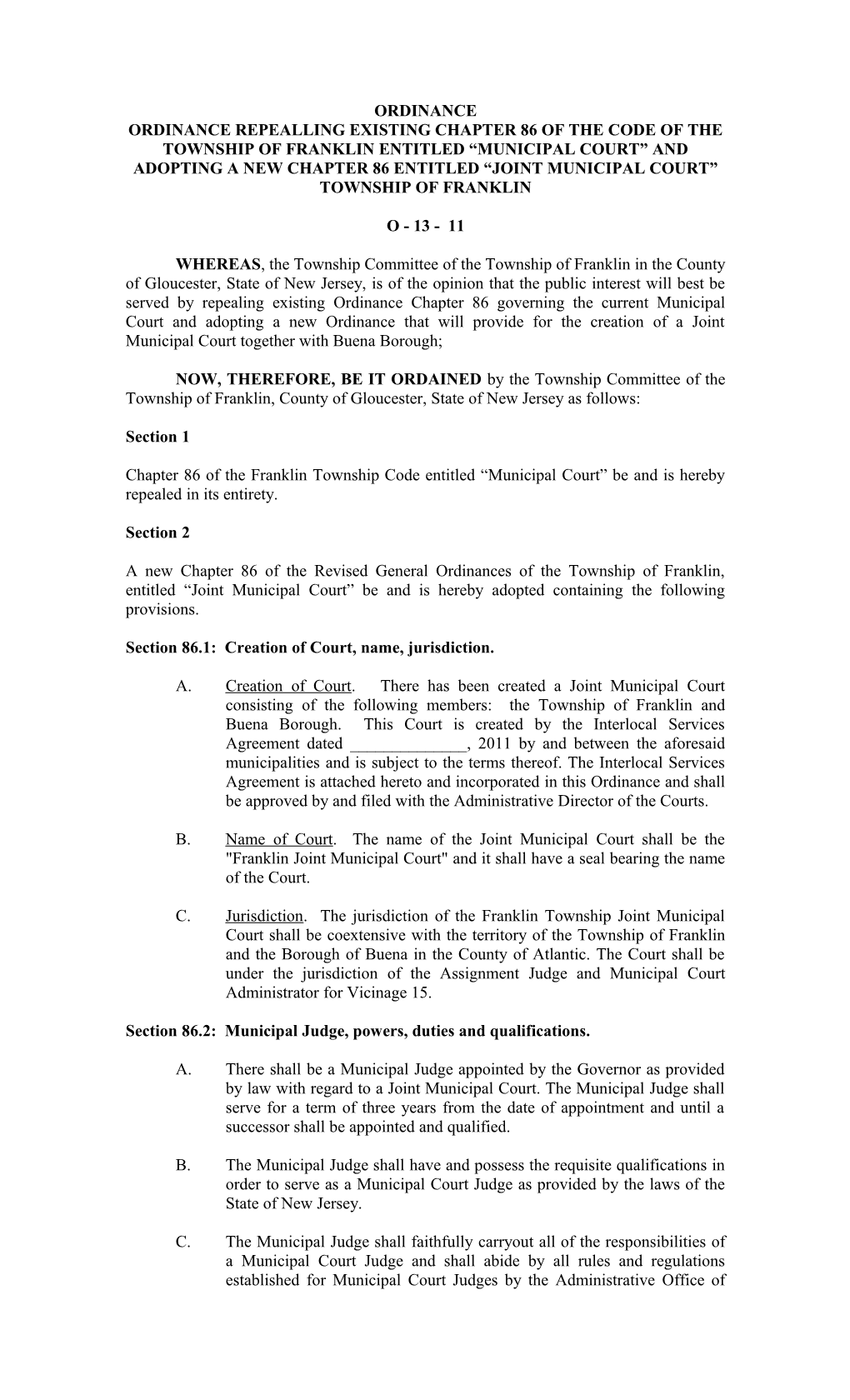 Ordinance Repealling Existing Chapter 86 of the Code of the Township of Franklin Entitled