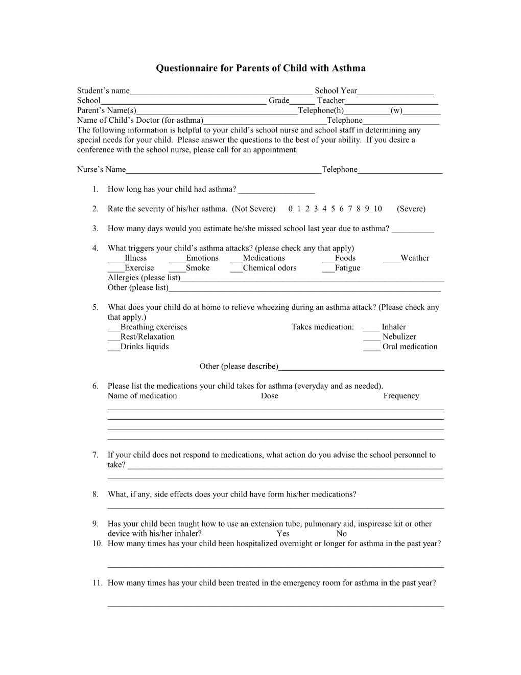 Questionnaire for Parents of Child with Asthma