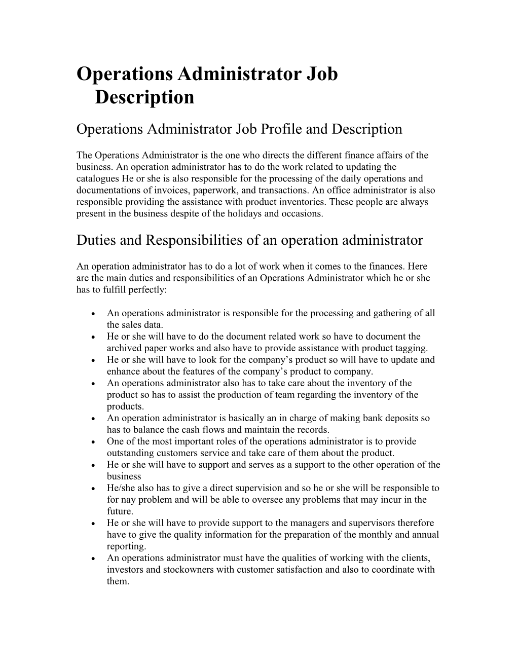 Operations Administrator Job Description