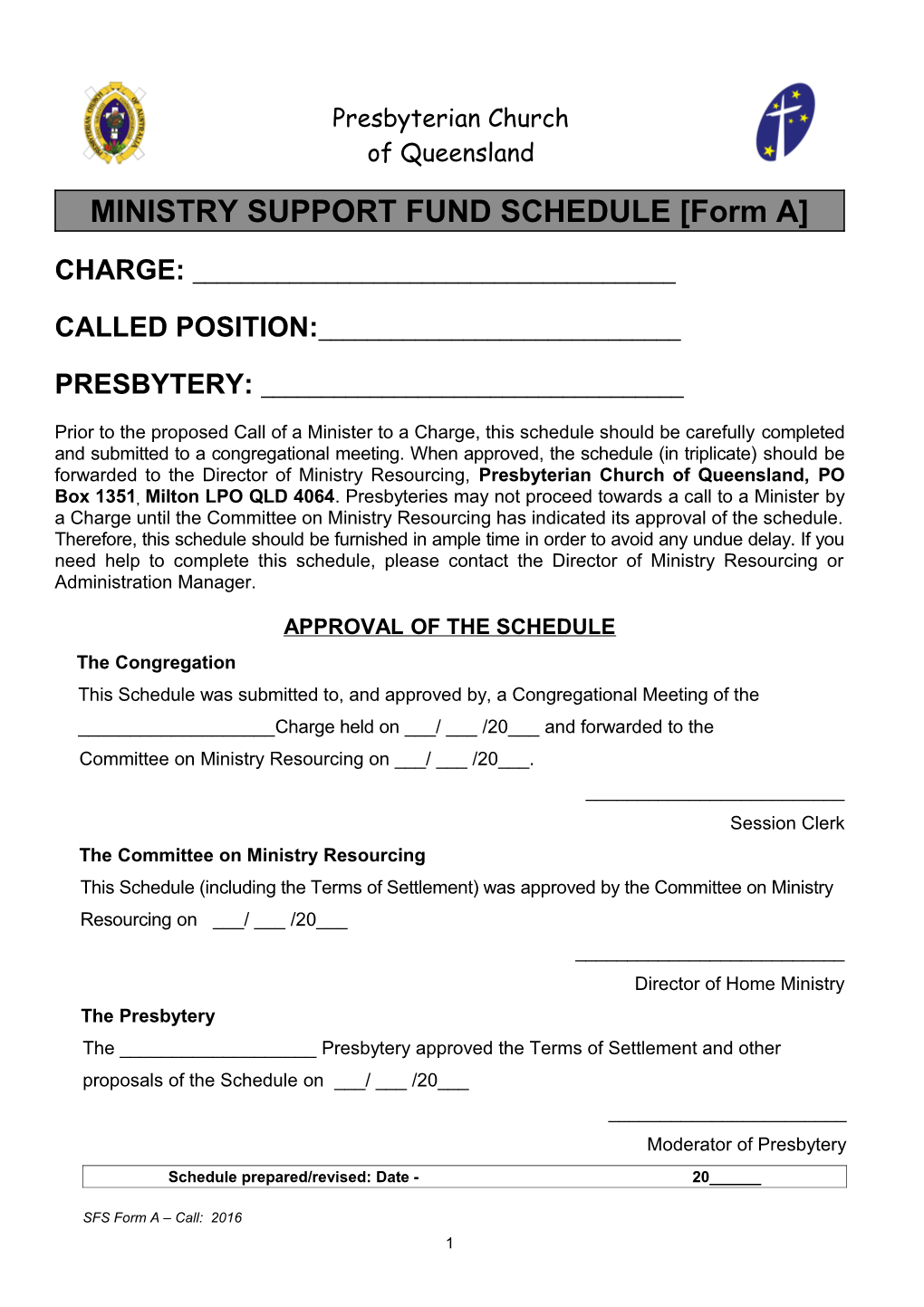 MINISTRY SUPPORT FUND SCHEDULE Form A