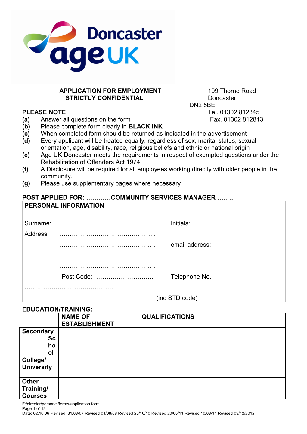 Application for Employment s190