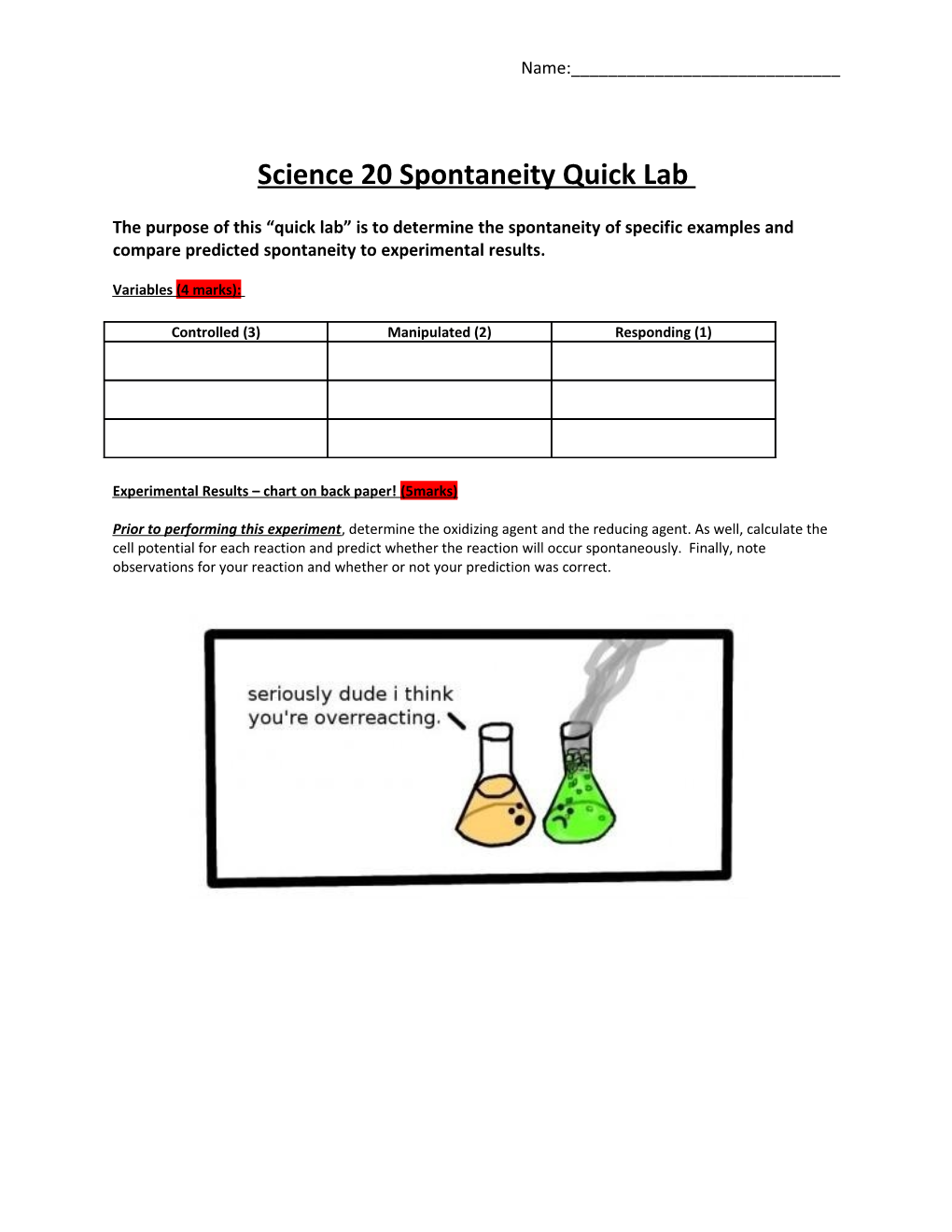 Science 20 Spontaneity Quick Lab