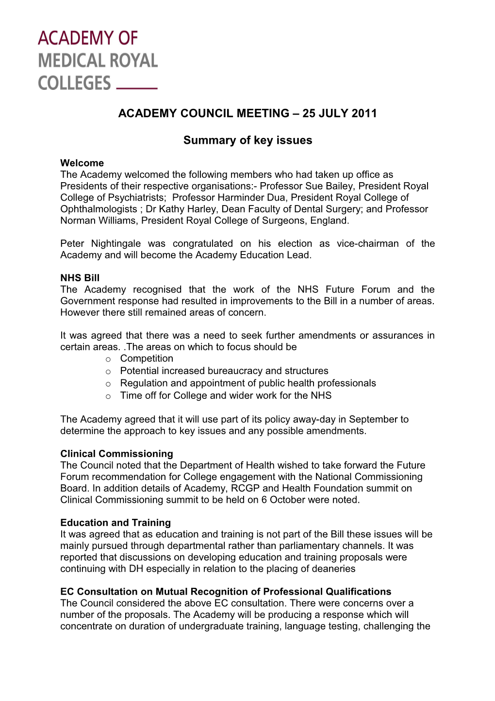 Academy Council Meeting 25 July 2011