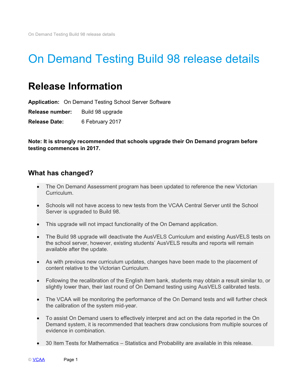 On Demand Testing Build 98 Release Details