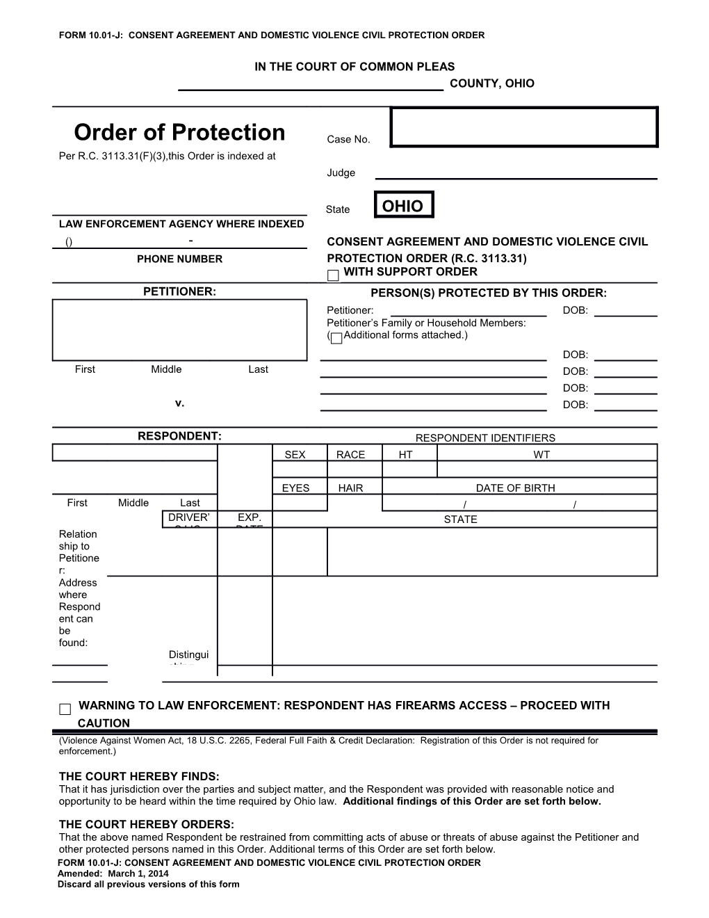 Form 10.01-J: Consent Agreement and Domestic Violence Civil Protection Order