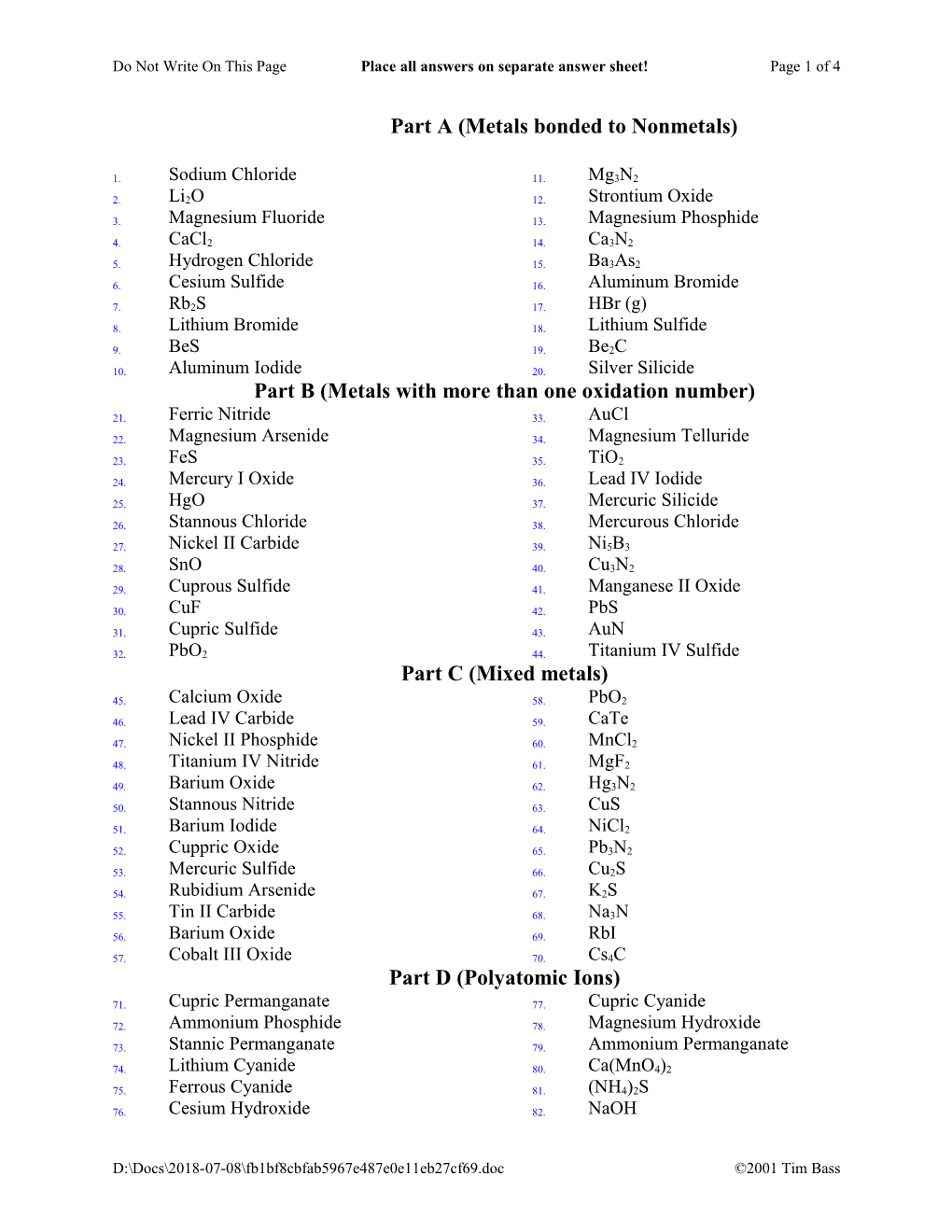 Nomenclature WS Answers: Part a (Metals Bonded to Nonmetals)