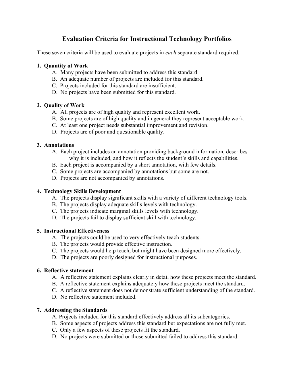 Evaluation Criteria for Instructional Technology Portfolios