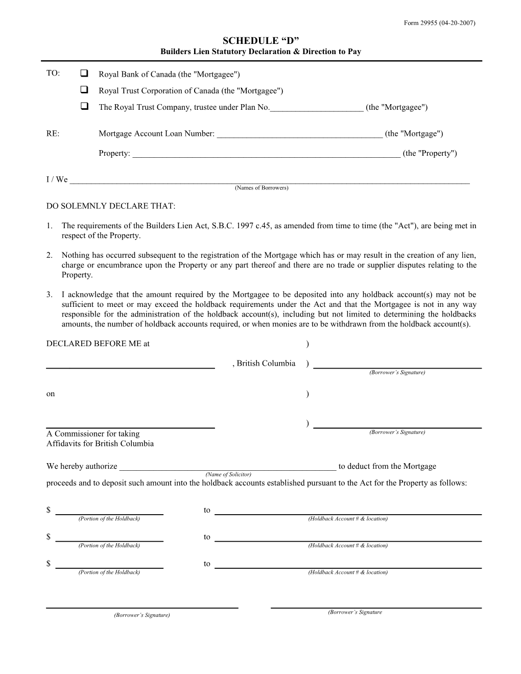 Builders Lien Statutory Declaration & Direction to Pay