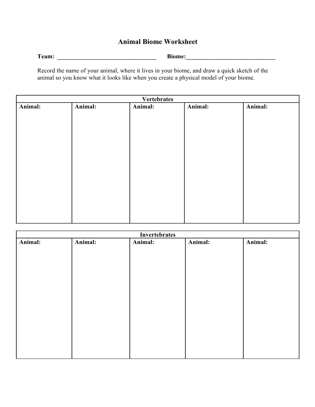 Animal Biome Worksheet