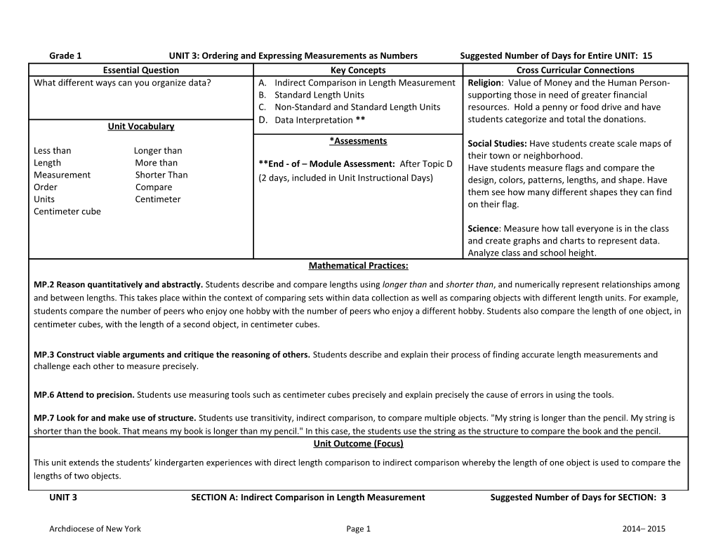 UNIT 3 SECTION A: Indirect Comparison in Length Measurement Suggested Number of Days For