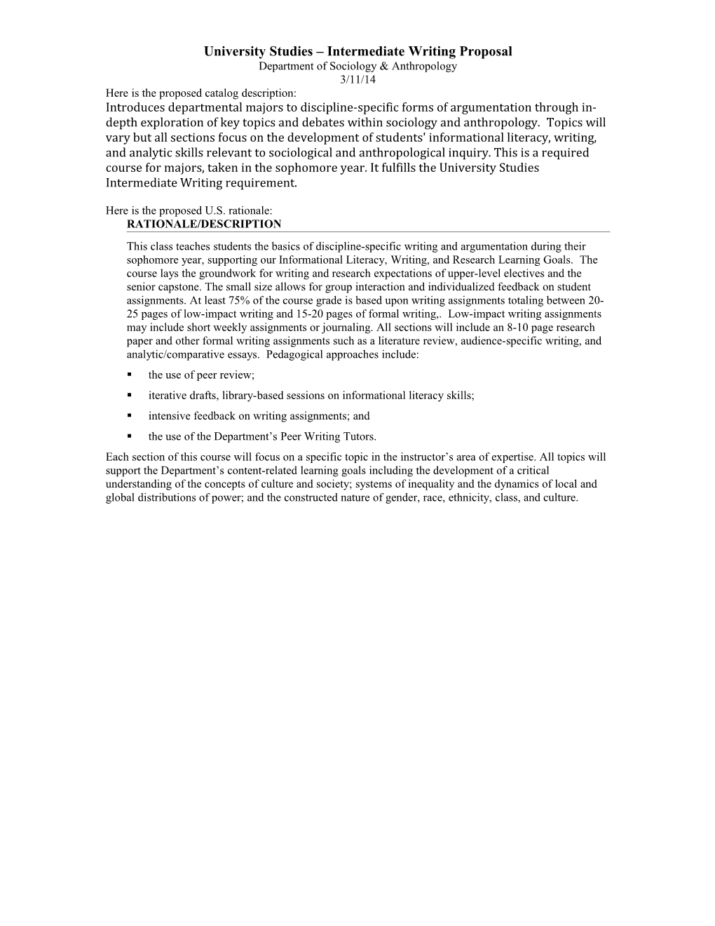 University Studies Intermediate Writing Proposal, Sociology/Anthropology Page 2