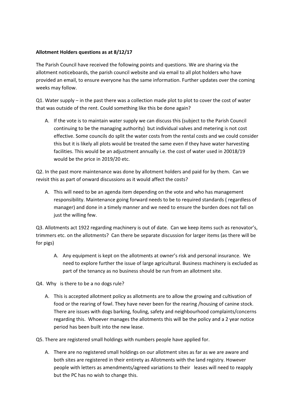 Allotment Holders Questions As at 8/12/17