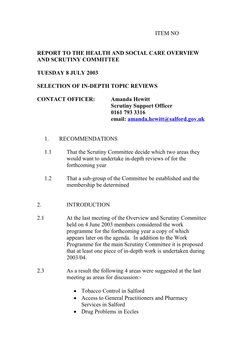 Report to the Health and Social Care Overview and Scrutiny Committee