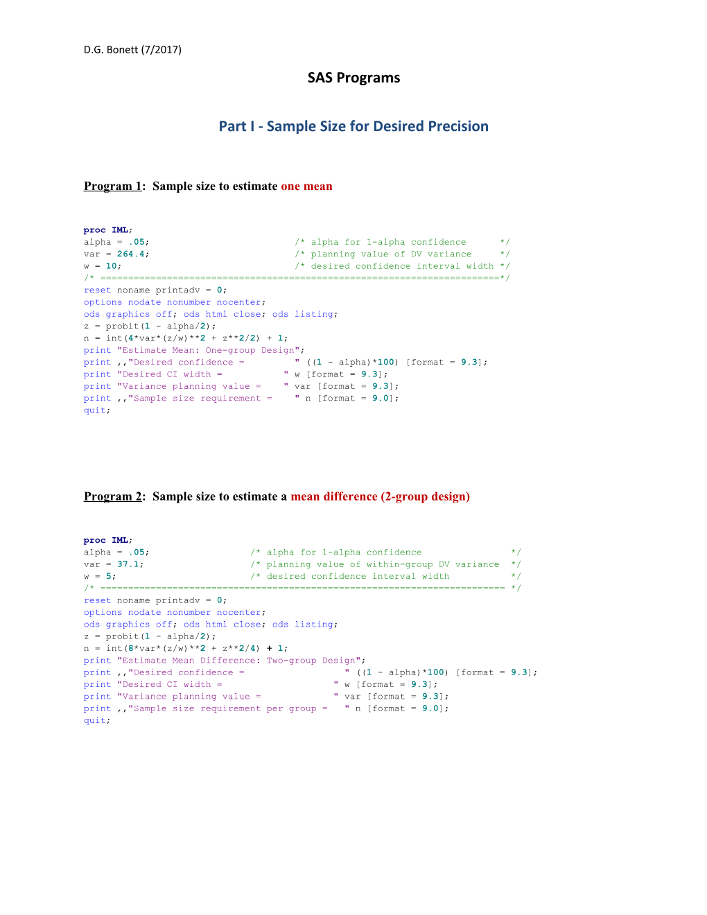 Part I - Sample Size for Desired Precision